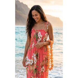 VTG Royal Creations Plumeria Rain Hawaiian Smocked Midi Dress S Resort Tiki USA
